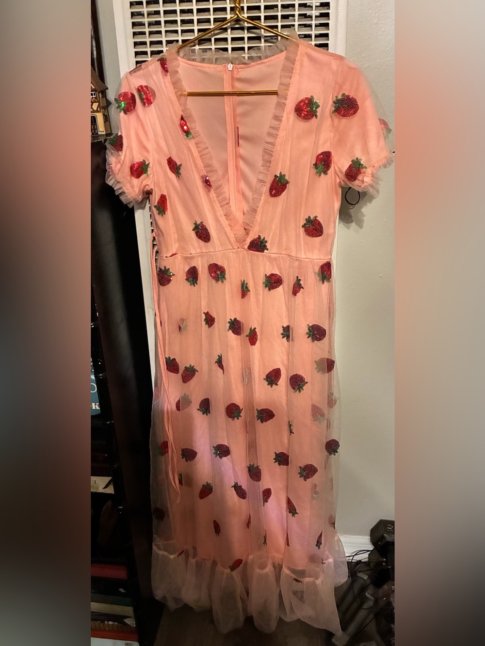 Sheer Pink Sequined Strawberry Maxi Dress